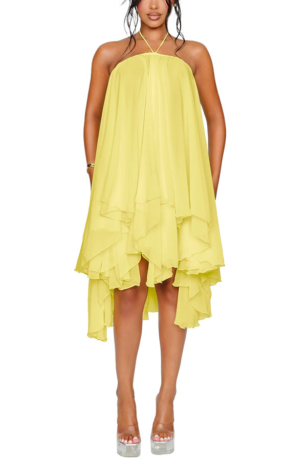Chiffon Solid Color Halter Backless Irregular Mini Dress