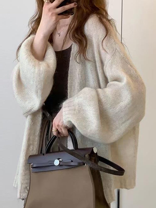 Mohair Solid Lantern Sleeve Baggy Cardigan