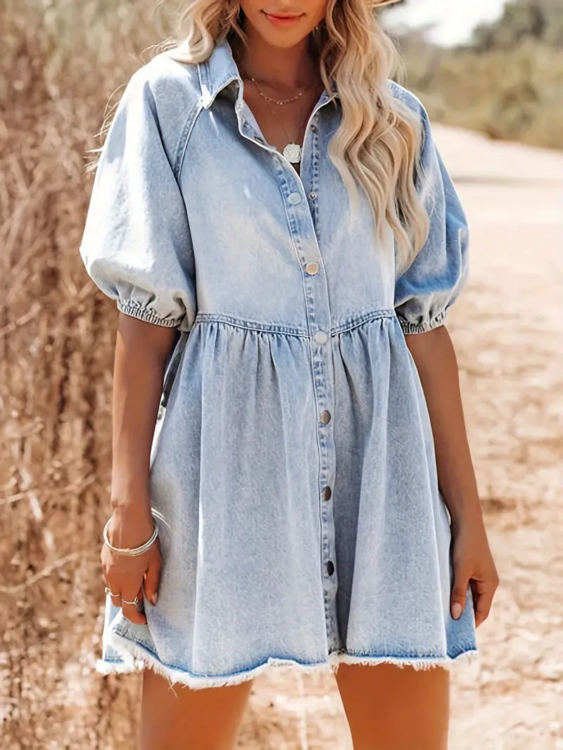 Denim Button-Down Collar Puff Sleeve Empire Waist Frayed Hem Babydoll Mini Dress