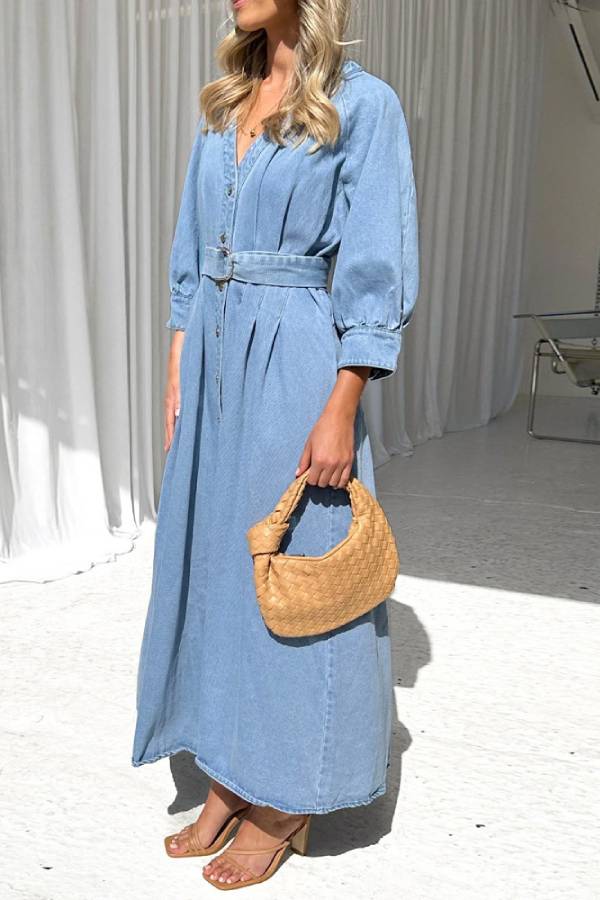 Belted Puff Sleeve Button-Front Denim Maxi Dress