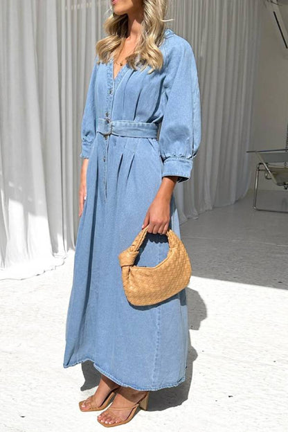 Belted Puff Sleeve Button-Front Denim Maxi Dress