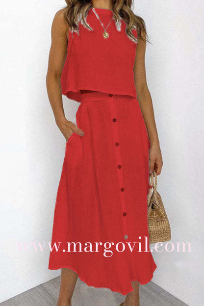 Margovil Sleeveless Crop Top and Button Down Skirt Cotton Linen Two Pieces