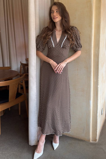 Polka Dot Point Collar Lace Trim Puff Sleeve Bodycon Maxi Dress
