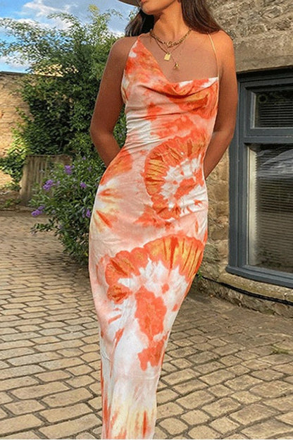 Cowl Neck Spaghetti Strap Tie Dye Bodycon Maxi Dress