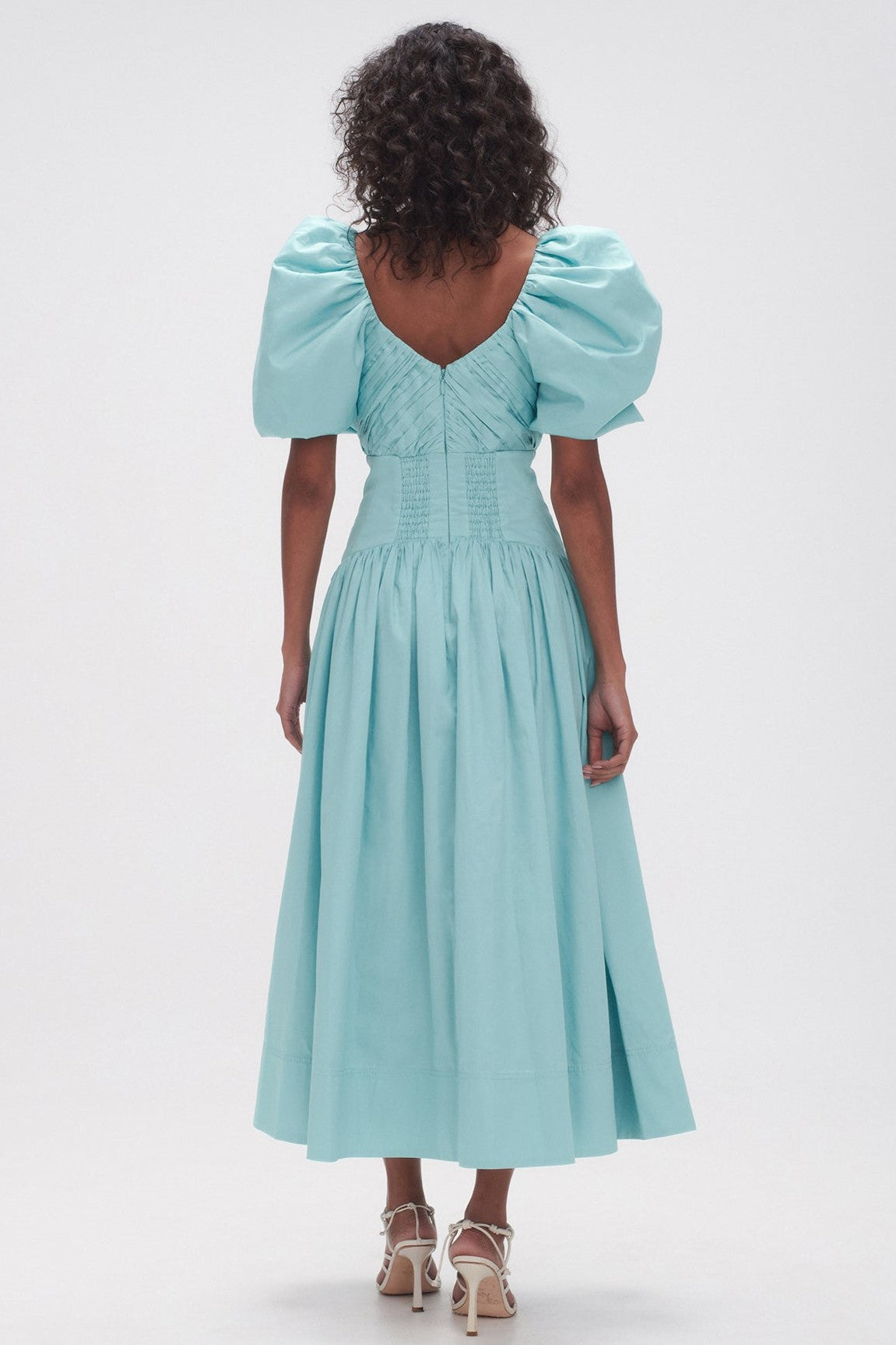 Solid V-Neck Pleat Puff-Sleeve Midi Dress
