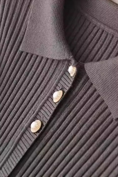 Rib Knit Polo Collar Pearl Button Long Sleeve Maxi Sweater Dress