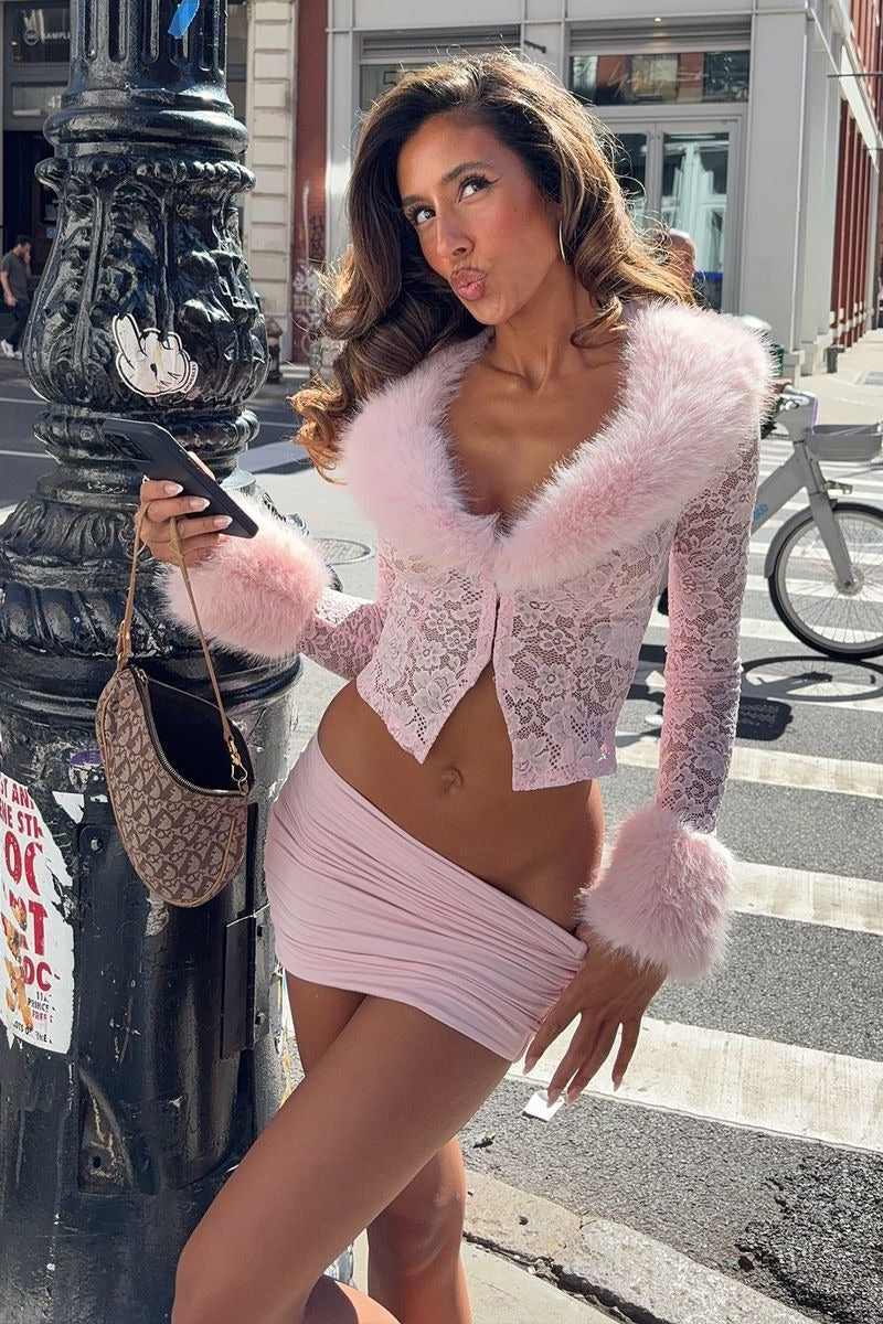 | Lace Fleece Long Sleeve Two Piece Set