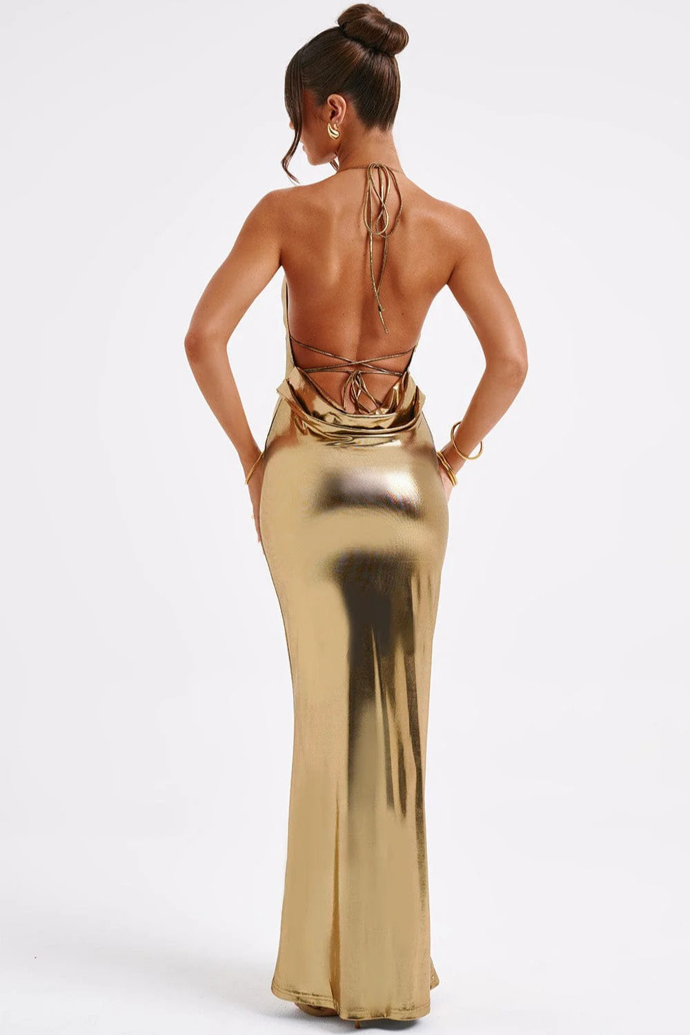 Spaghetti Strap Cowl Neck Liquid Metallic Bodycon Maxi Gown