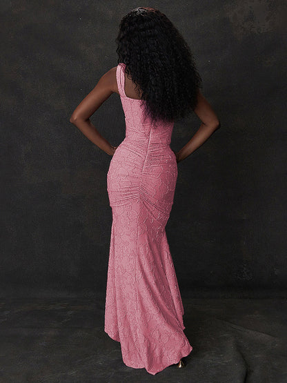 Lace Embellished Dress Sleeveless Gathered High-Low Prom Maxi Dresses