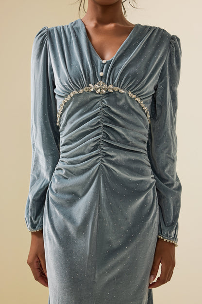 Solid Velvet Rhinestone Midi Dress