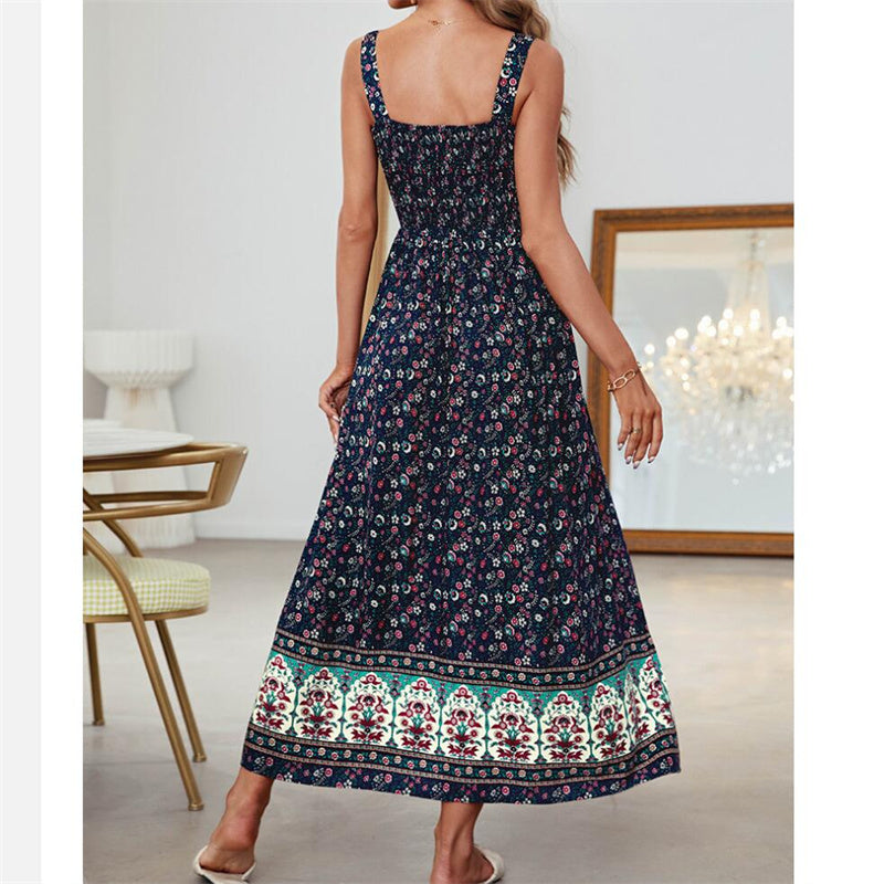 Beach Flower Print Maxi Dress in Apricot Green Navy
