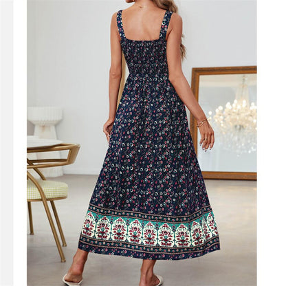 Beach Flower Print Maxi Dress in Apricot Green Navy