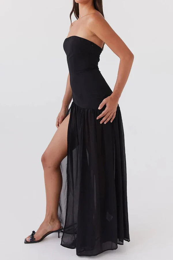 Strapless Bandeau Drop-Waist Gathered Chiffon High-Slit Maxi Gown