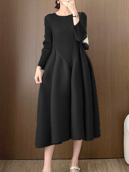 A-Line Loose Pleated Solid Color Split-Joint Round-Neck Midi Dresses