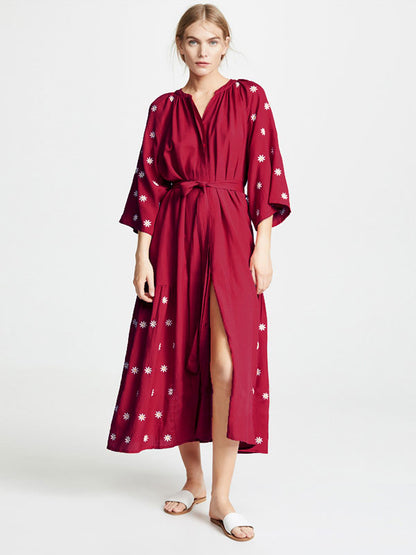 Boho Dress Burgundy V-Neck 3/4 Length Sleeves Embroidered Bohemian Gypsy Belted Beach Vacation Spring Summer Midi Dress For Women