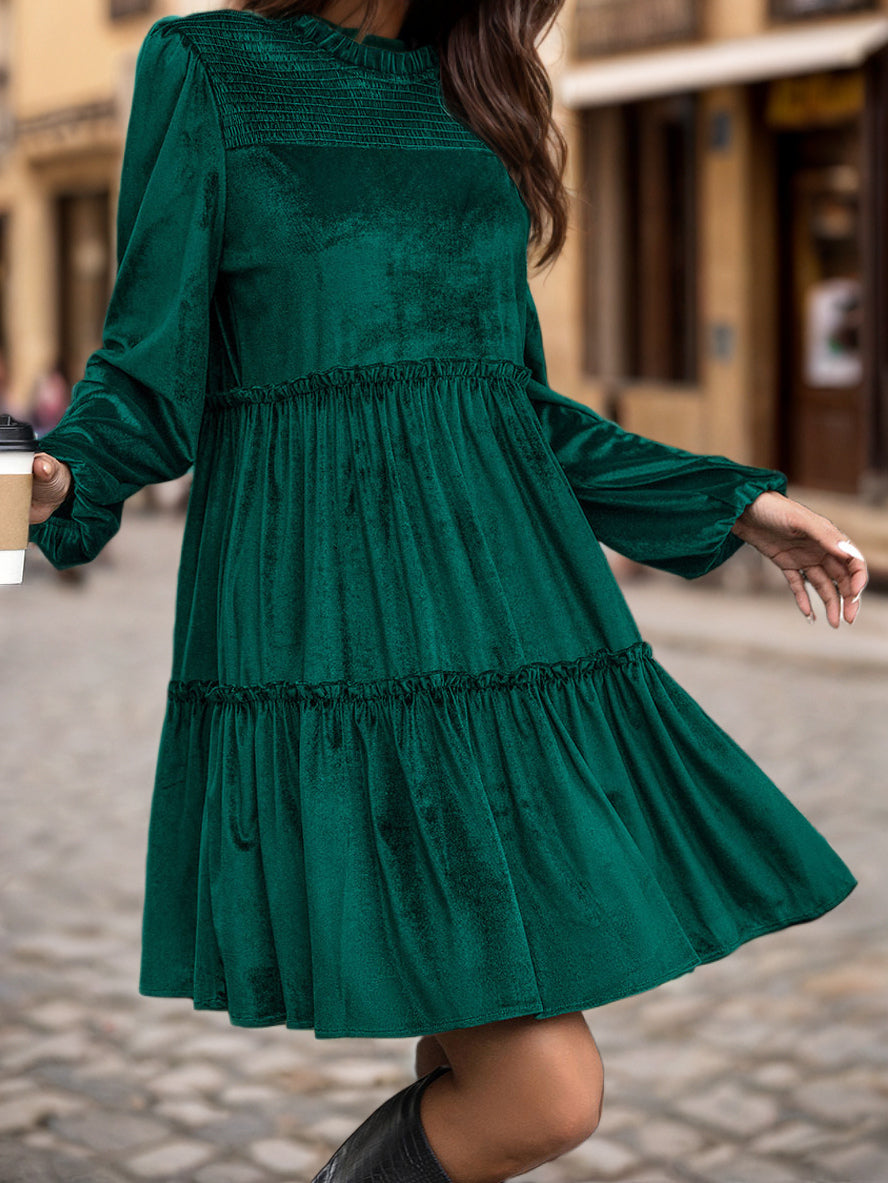 Velvet Dress Dark Green Buttons Daily Casual Long Sleeves Jewel Neck Spring Knee Length Midi Dress