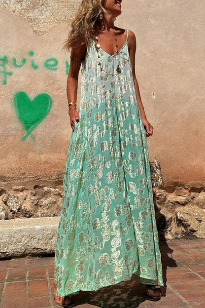 TIE DYE GRADIENT GOLDEN FLOWER PRINT POCKETED A-LINE SLIP MAXI DRESS