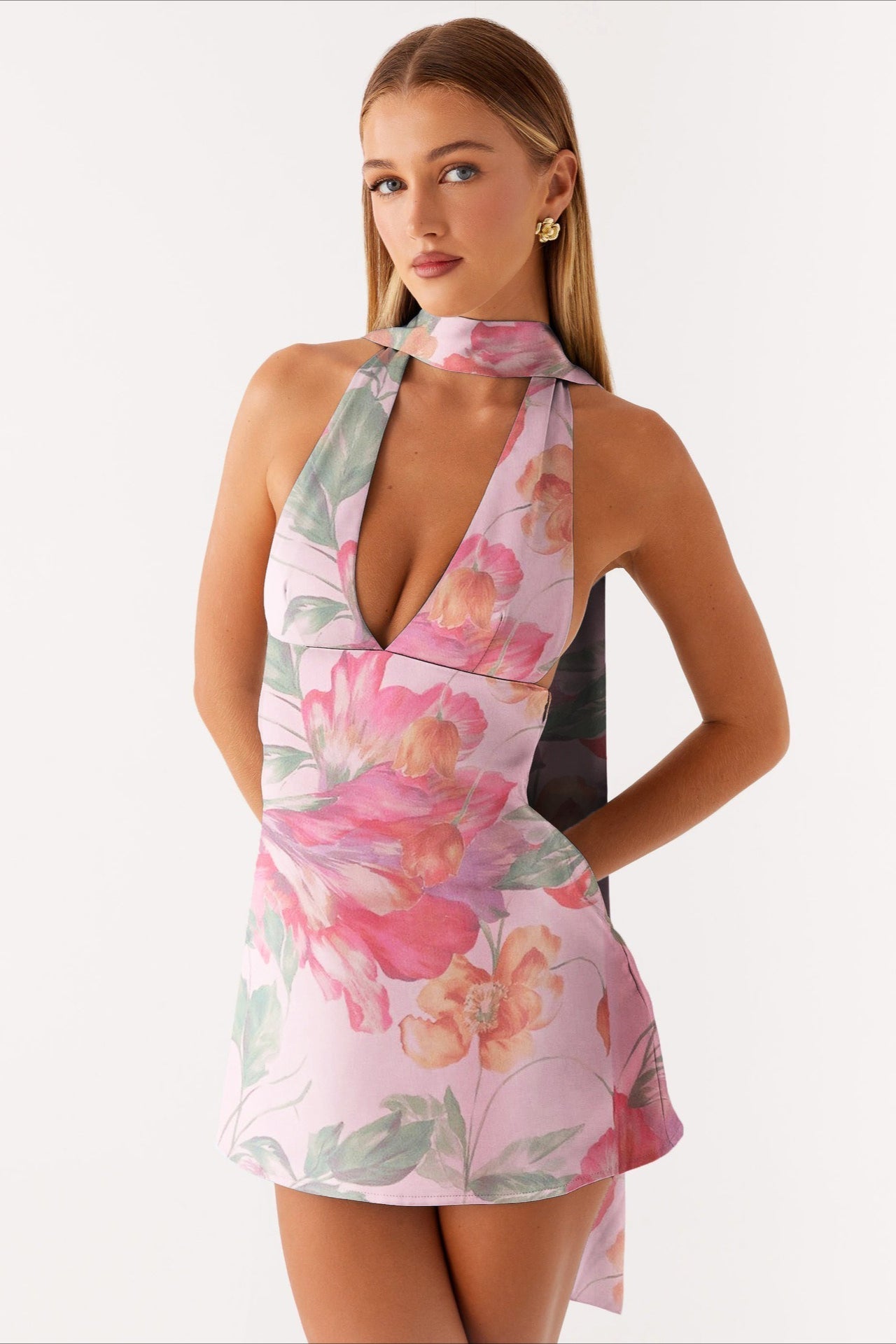 Watercolor Floral Print Halter Scarf-Neck Cutout Mini Dress