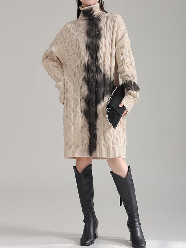 Long Sleeves Loose Contrast Color High Neck Mini Dresses Sweater Dresses
