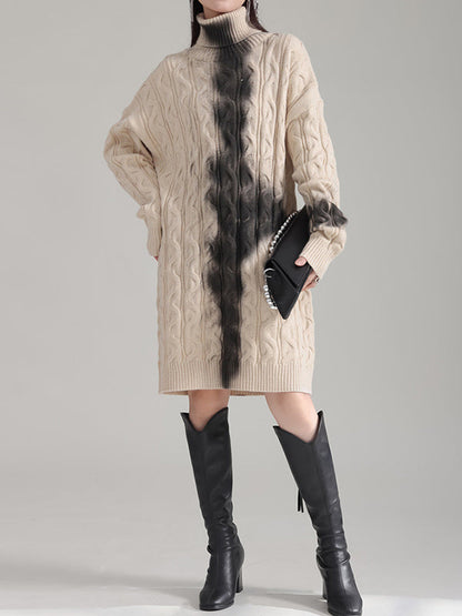 Long Sleeves Loose Contrast Color High Neck Mini Dresses Sweater Dresses