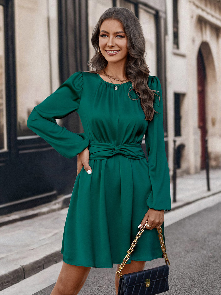 Flared Dress Round Neck Balloon Sleeves Belted Solid Color Mini Dresses