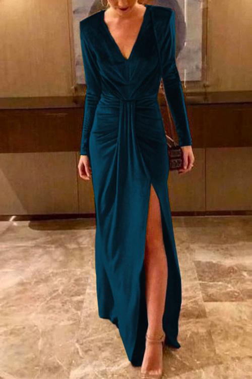 Deep V Neck Ruched Split Velvet Maxi Dress(5 Colors Available)