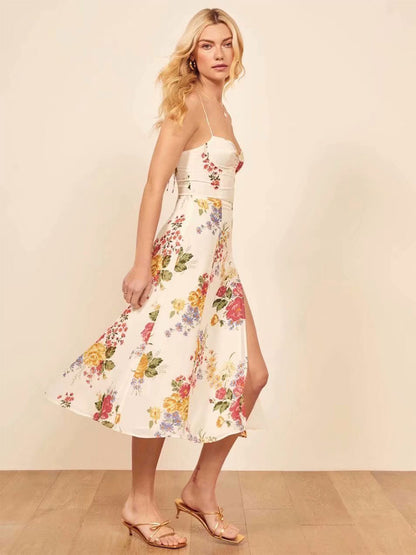 Floral Midi Dresses Floral Print Spaghetti Straps High-slit Split Front Straps Neck Sleeveless Zipper Front Slit Sexy Summer Medium Dress
