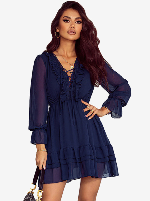 Shirt Dresses Black V-Neck Lace Long Sleeves Polyester Dresses Mini Dresses