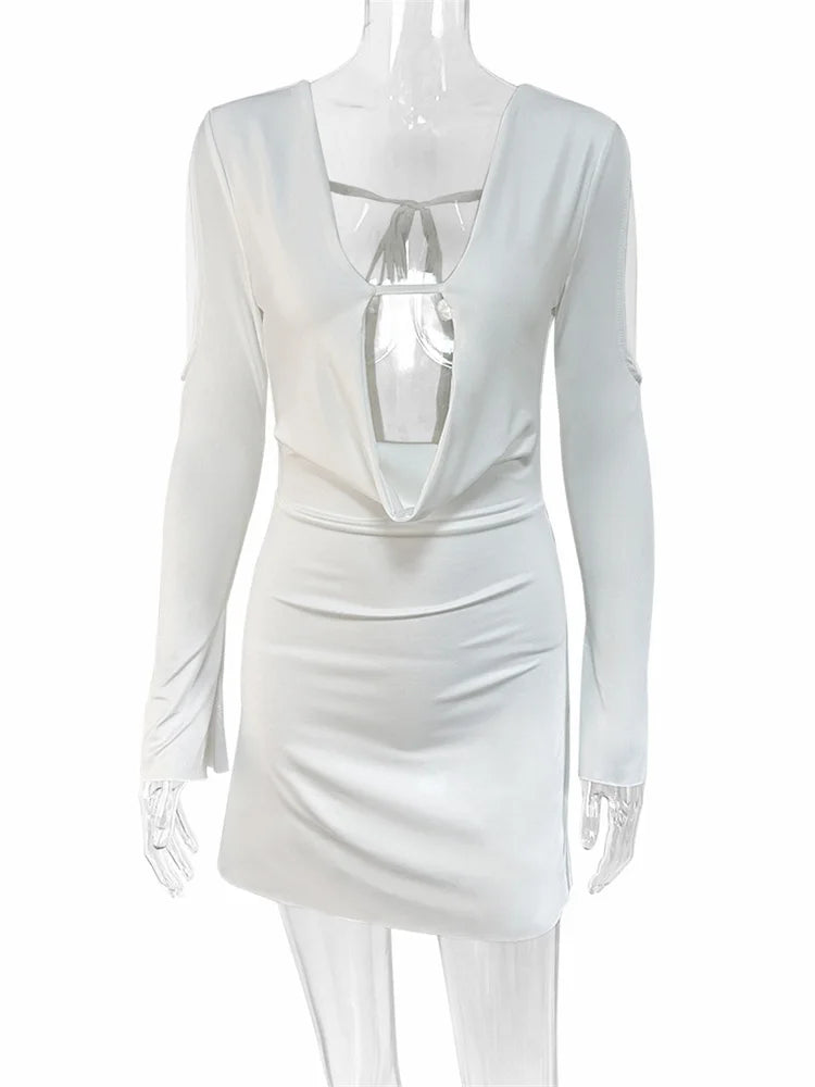Tossy Hollow Out Lace-Up Fashion Mini Dress Female Long Sleeve Bandage Backless Elegant Dress Slim Patchwork Solid Women’s Dress