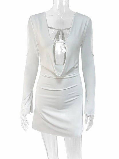 Tossy Hollow Out Lace-Up Fashion Mini Dress Female Long Sleeve Bandage Backless Elegant Dress Slim Patchwork Solid Women’s Dress