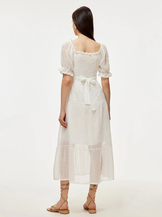 Summer Midi Dress White Square Neck Chiffon Beach Dress