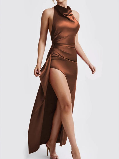 Satin High Fork Crew Neck Halter Backless Pleated Long Dress