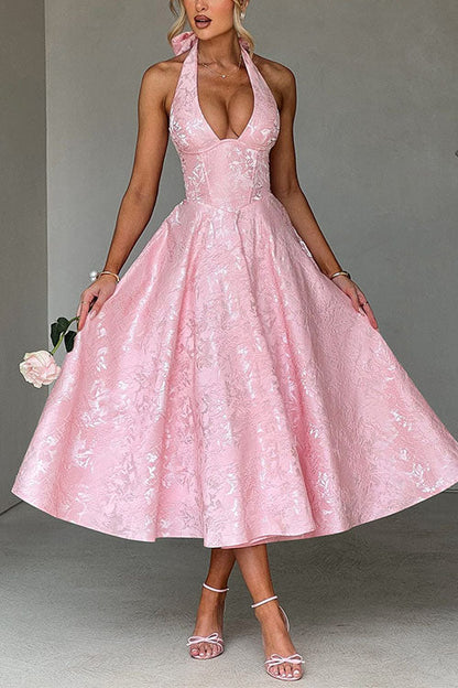 Margovil Halter V Neck Waisted Jacquard Swing Midi Party Dress