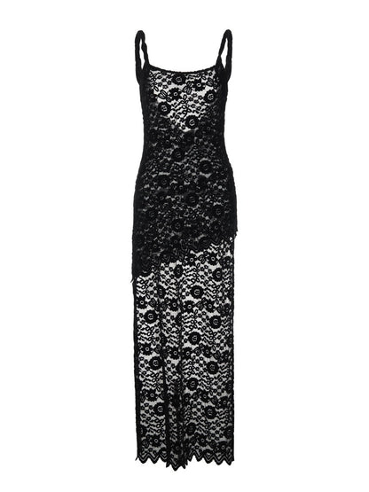 Lace See-through Backless High Slit Long Dress