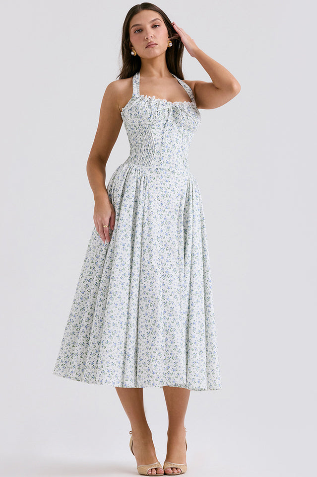 Halter Sweetheart Neck Lace Trim Ditsy Floral Corset Bodice Midi Dress