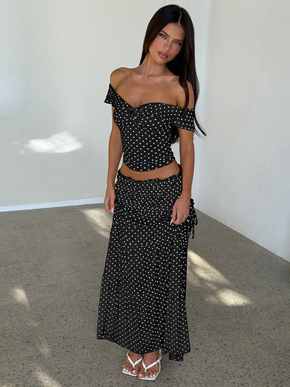 Two-piece Set: Raglan Strapless Top With Polka Dot Side Bow And Long Skirt