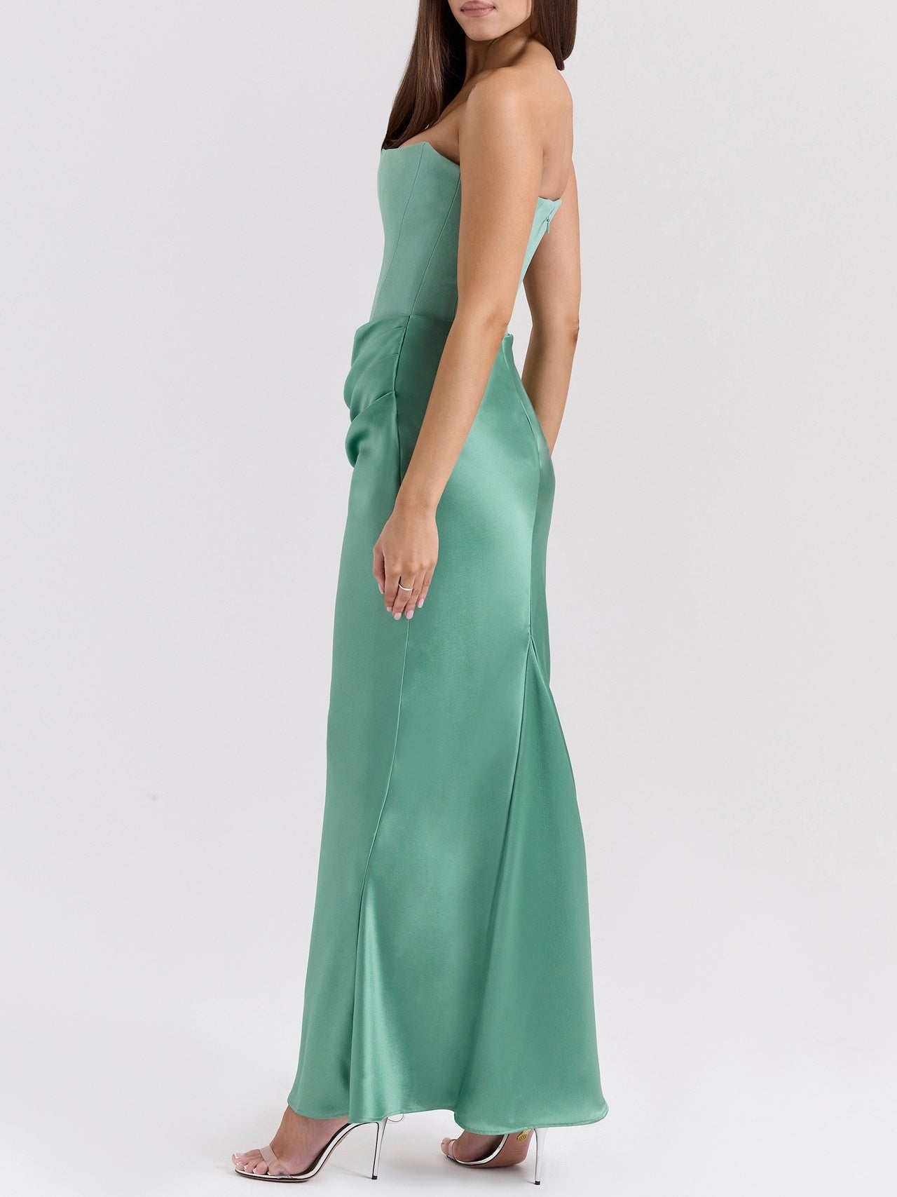 Satin Belted Strapless Off-the-shoulder Fishbone Pleated Long Bodycon Dress
