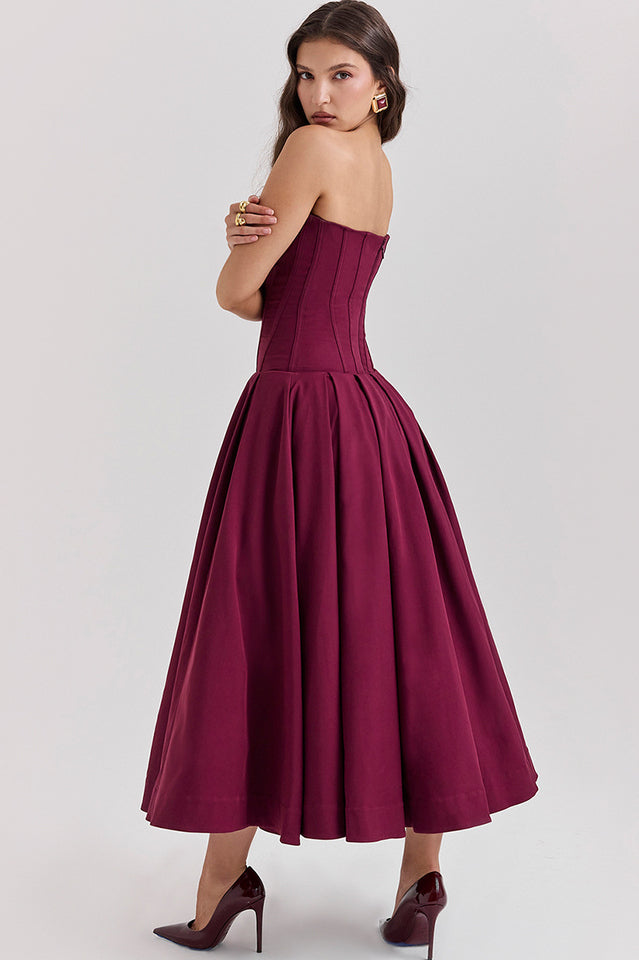 Strapless Deep Plunge Corset Boned Pleated A-Line Midi Dress