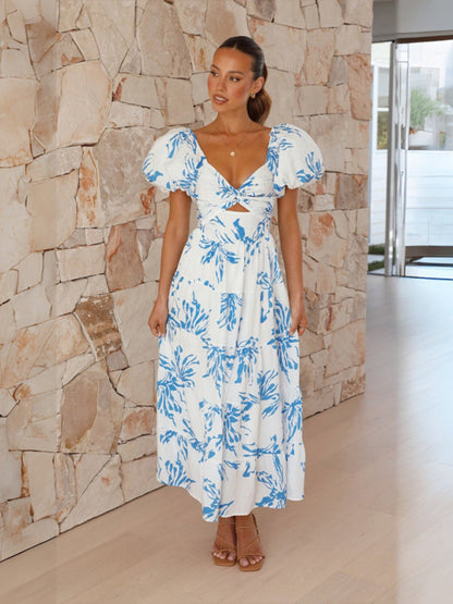 Printed Puff Sleeve Sweetheart Collar Vacation Maxi Dresses