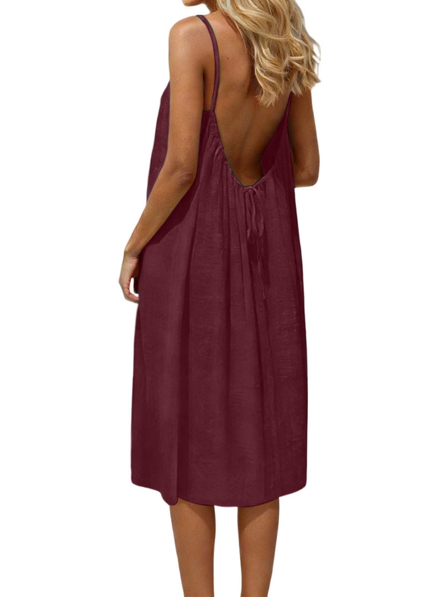 Ice Silk Linen Backless Halter Solid Color Midi Dress