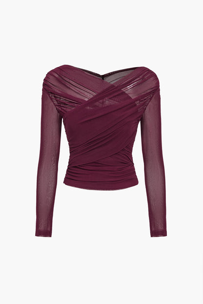 The Michelle — Ruched Mesh Top with Crossover Neckline