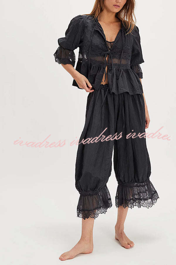 Pastoral Style Elastic Waist Lace Hem Bloomer Pants