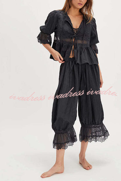 Pastoral Style Elastic Waist Lace Hem Bloomer Pants