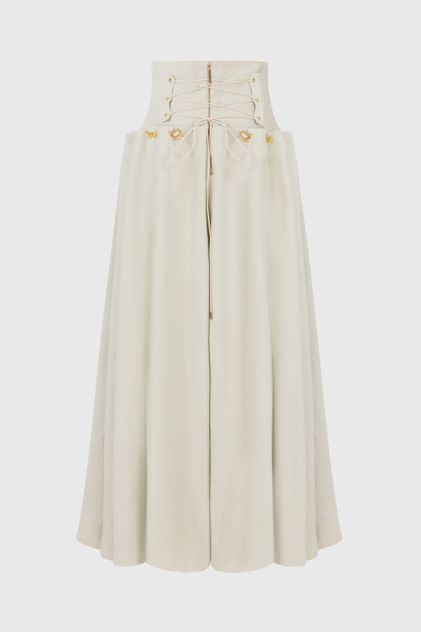 Custom Look Linen Blend Unique Metal Pattern Buttons Lace-up Waist Crisp Hem Maxi Skirt