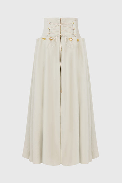 Custom Look Linen Blend Unique Metal Pattern Buttons Lace-up Waist Crisp Hem Maxi Skirt