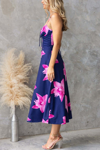 Floral Print Spaghetti Strap Backless Tie-up Elegant Slim-fit Midi Dress
