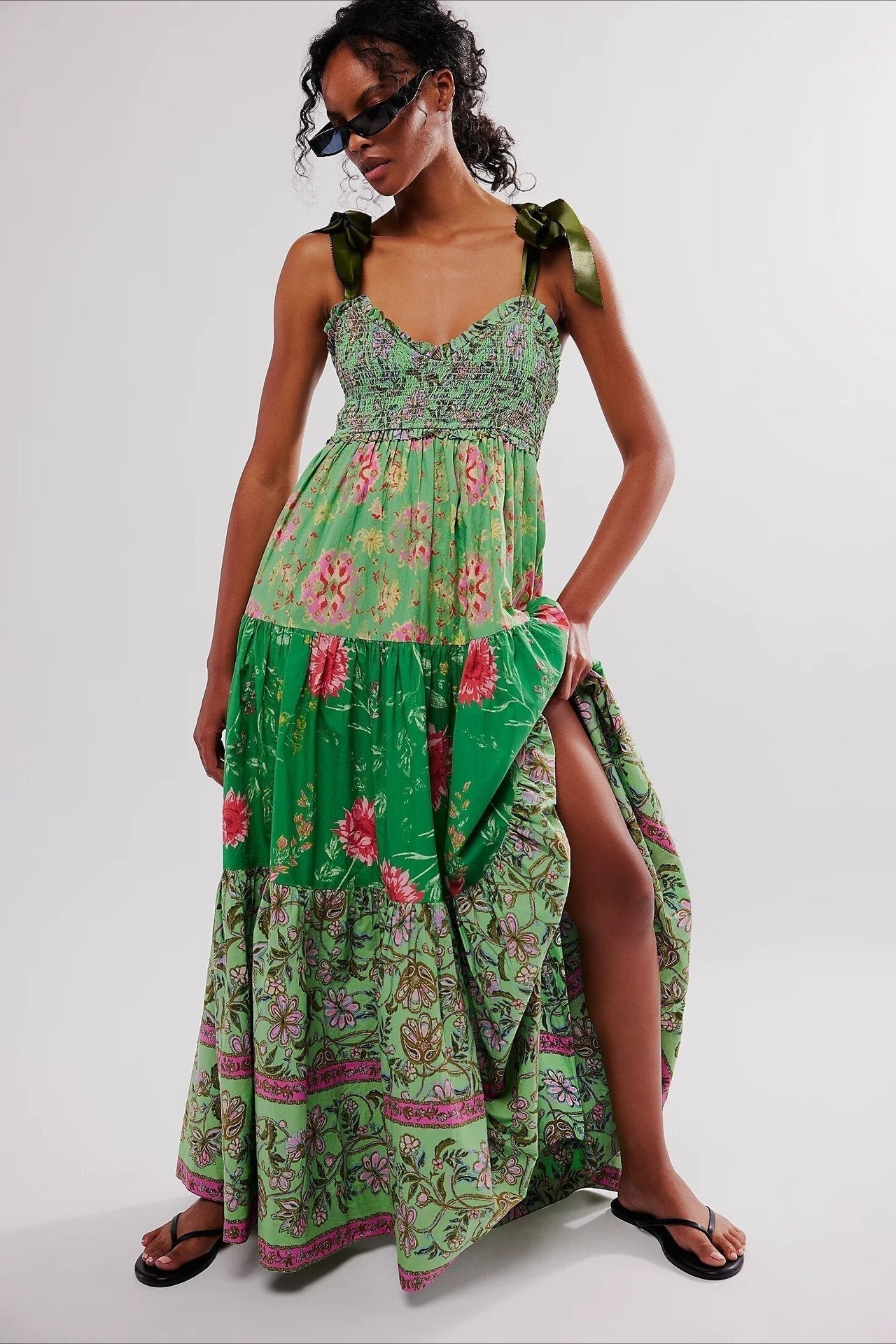 Smocked Sweetheart Neck Tie Shoulder Tiered Floral Paisley Maxi Dress
