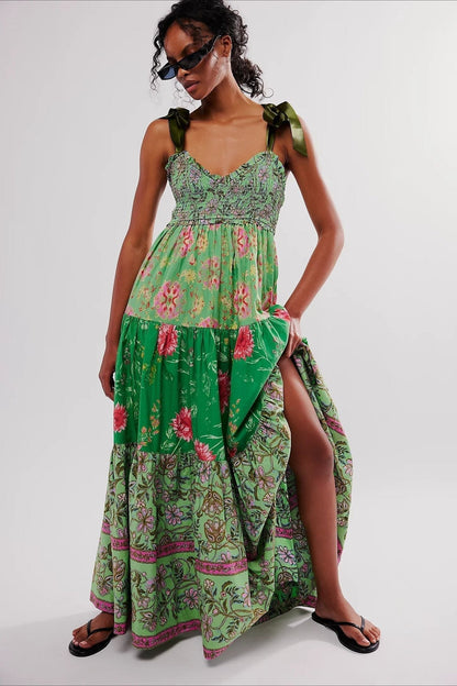 Smocked Sweetheart Neck Tie Shoulder Tiered Floral Paisley Maxi Dress