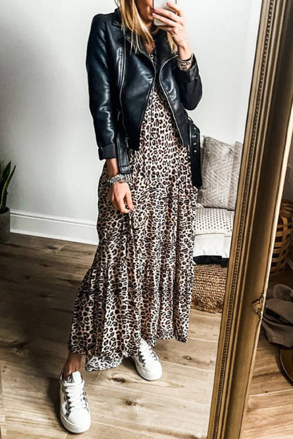 Big Cat Spot Print Mandarin Collar Button-Front Tiered Trumpet Sleeve Maxi Dress