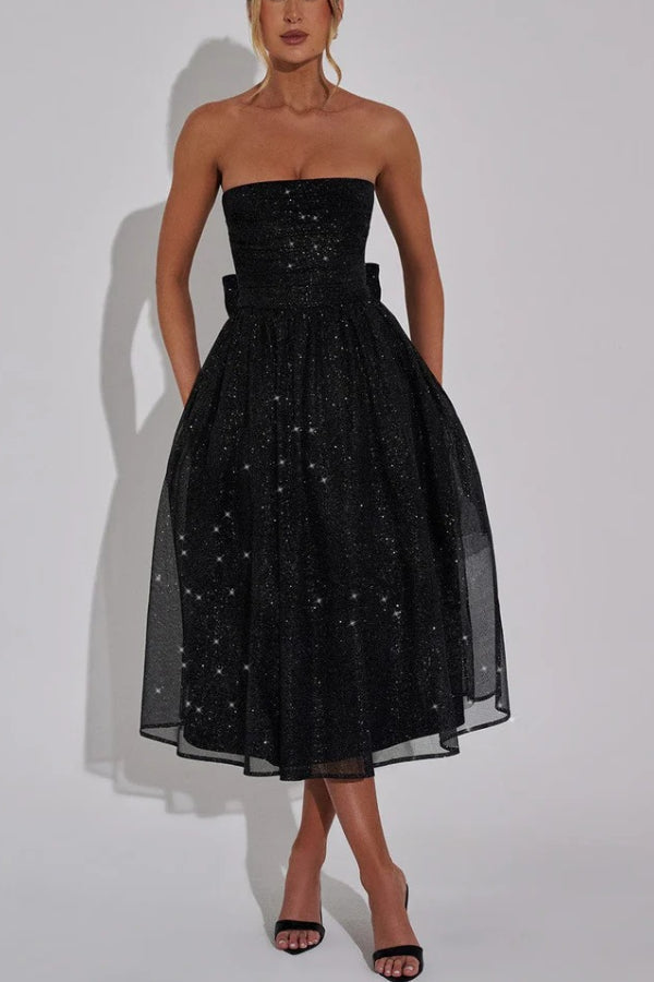 Glitter Mesh Strapless Ruched Fit-and-Flare Pocket Midi Dress